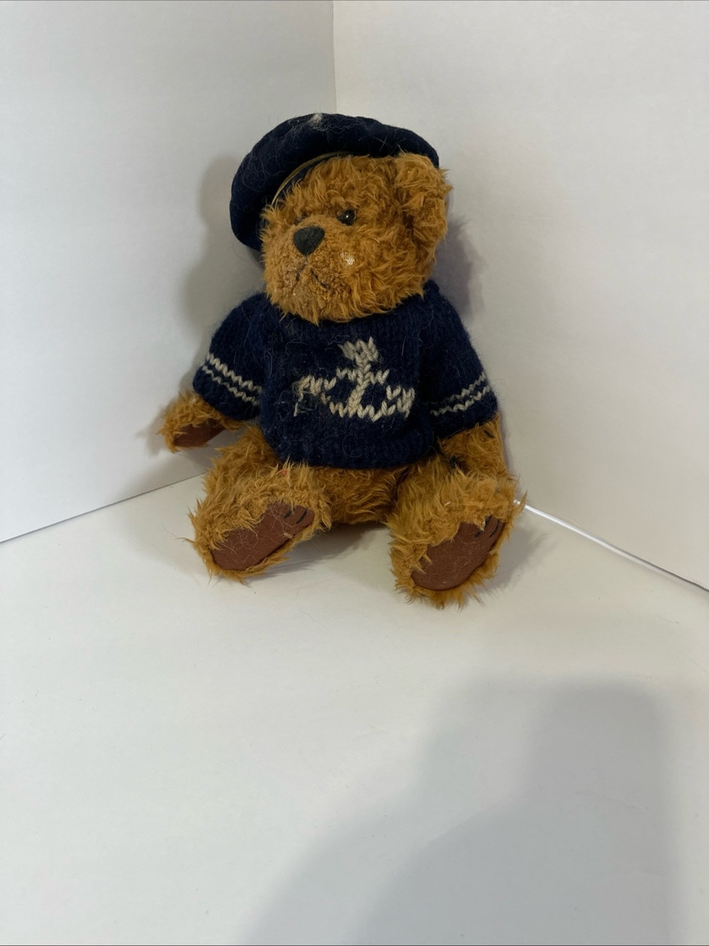 Plush Brown Teddy Bear with Navy Sweater and Cap